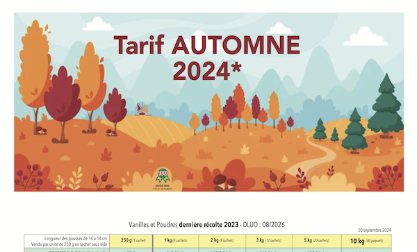 Tarif automne 2024 Vanille LAVANY Bourbon de Madagascar